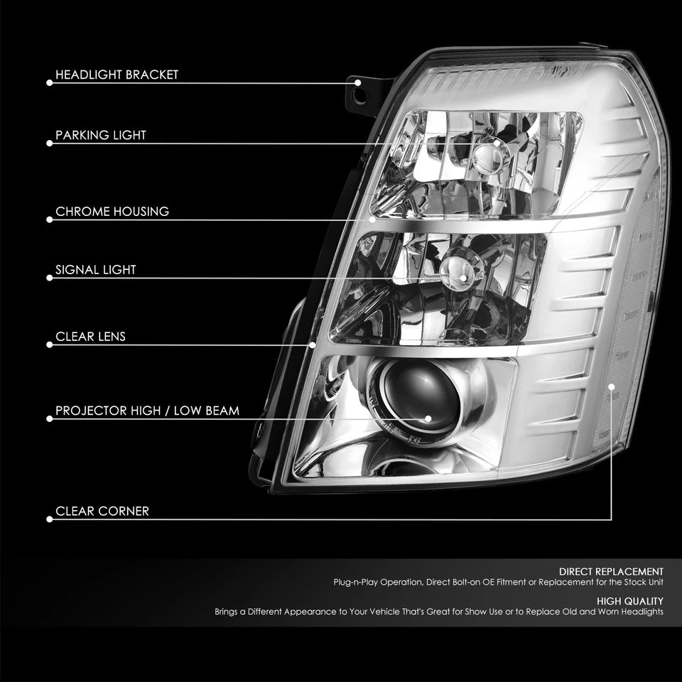 [HID] For 07-14 Cadillac Escalade ESV EXT Projector Headlight Lamps Chrome/Clear