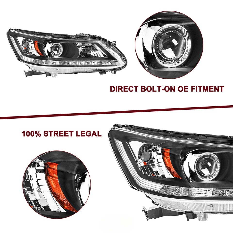For 2013-2015 Honda Accord Sedan w/ LED DRL Projector Halogen Headlights Pair