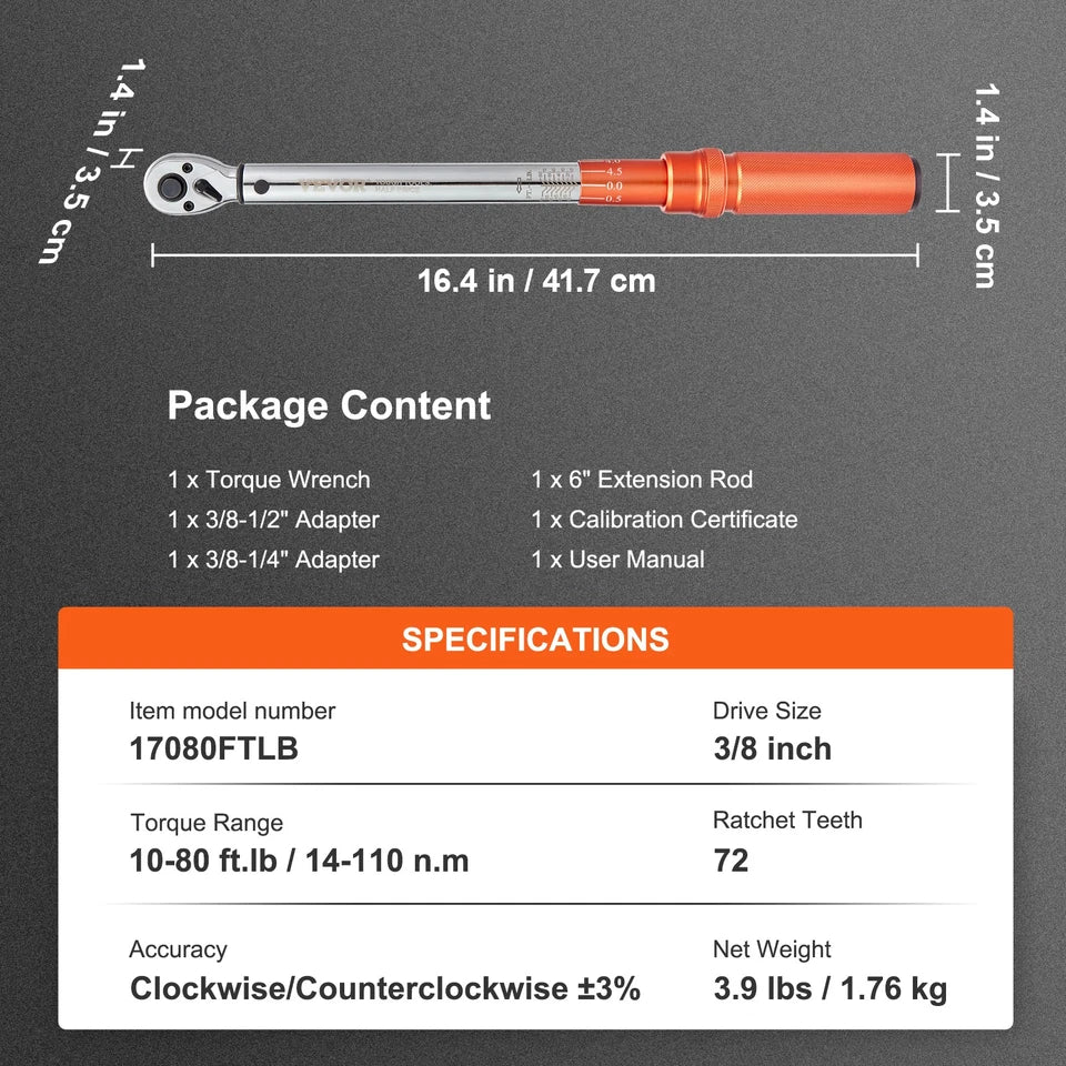 Torque Wrench Adjustable Torque Wrench 3/8" Drive 10-80ft.lb/14-110n.m