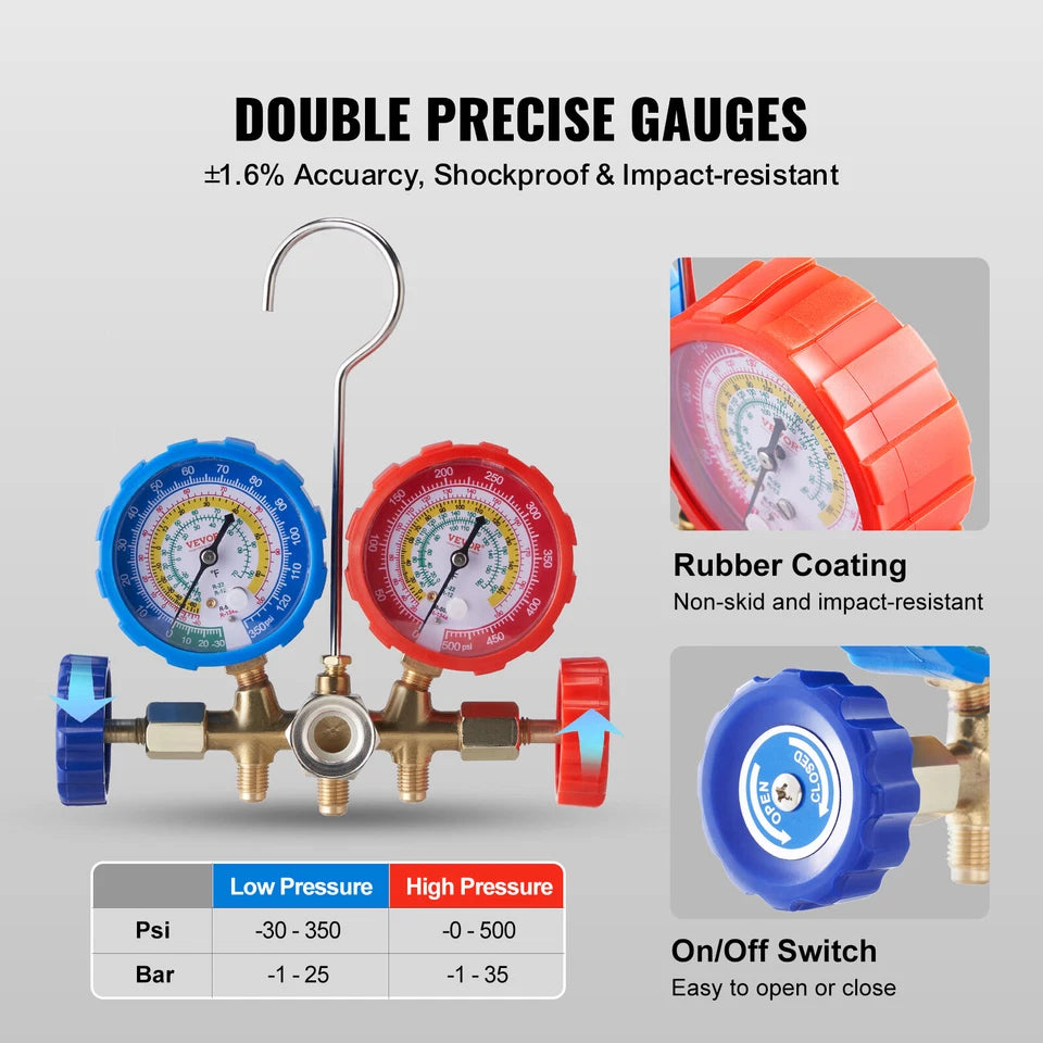 AC Manifold Gauge Set 3-Way Fit R134A R12 R502 Refrigeration Charging
