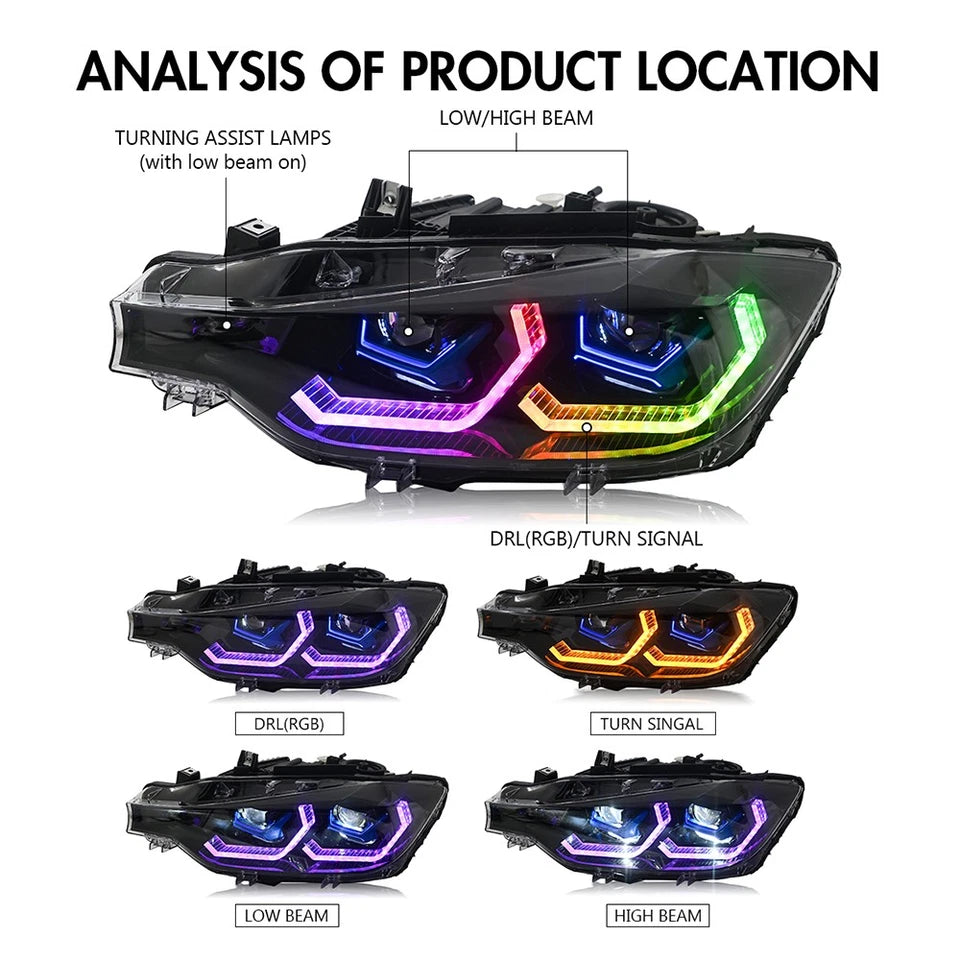 RGB LED Headlight For 2012-2015 BMW F30 3-Series Front Lamps Sequential Signal
