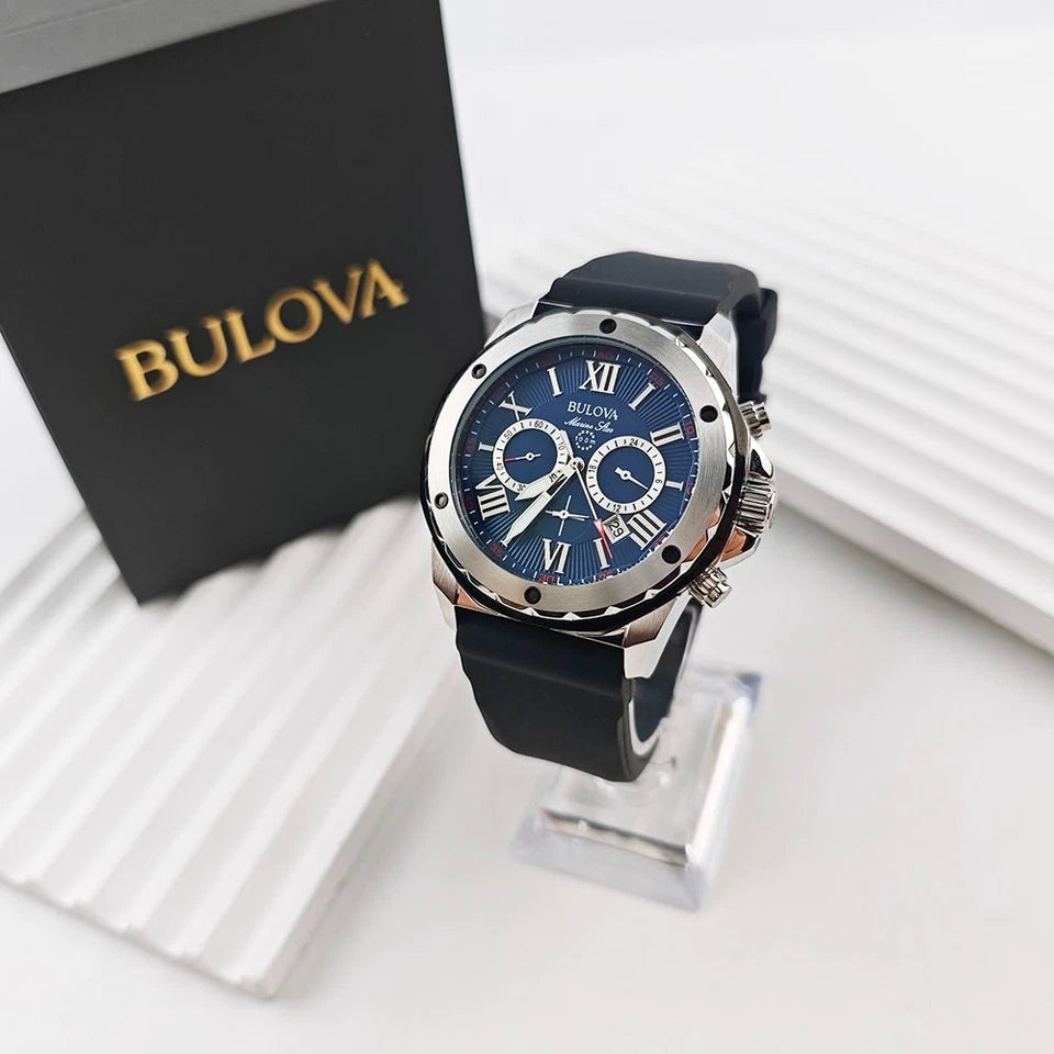 Bulova Marine Star 98B258 Blue Dial Black Rubber Strap Quartz Men's 44mm Watch