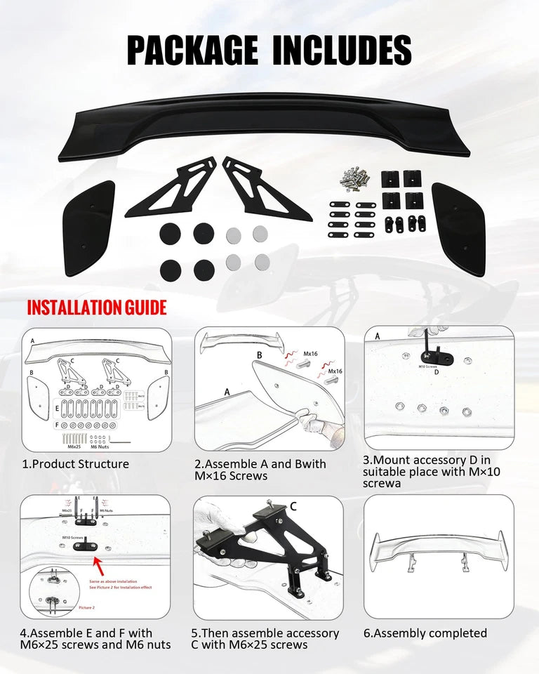 Universal 57" Inch GT Rear Trunk Spoiler Wing & LED Brake Light Gloss Black ABS