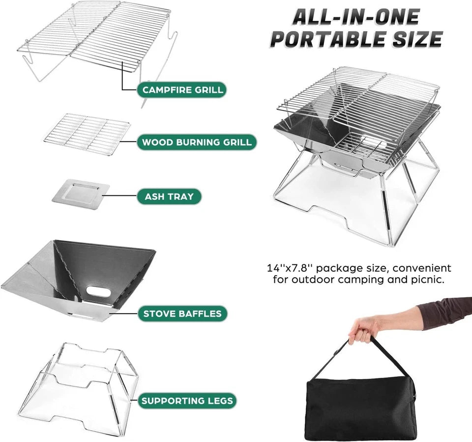 Stainless Steel Campfire Grill with Carrying Bag