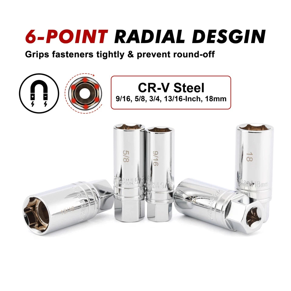 10PCS 3/8"Drive Magnetic Spark Plug Socket Set 6PT&12PT Extension Bar CR-V Steel