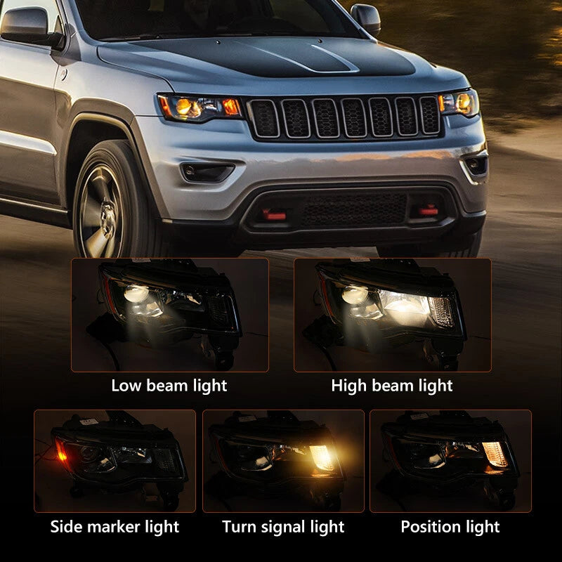 For 2017-2021 Jeep Grand Cherokee Halogen Projector Headlight Black Left+Right
