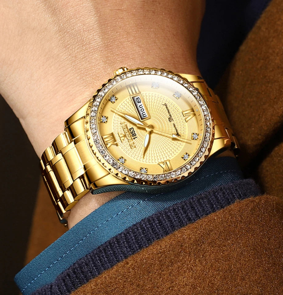 Waterproof Gold Men's Watch Classic Stainless Steel Quartz Analog Business