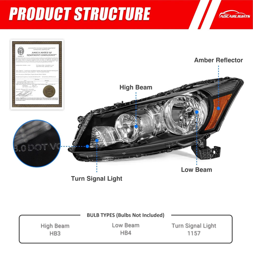 Pair Black Headlights Assembly For 2008-2012 Honda Accord 4Dr Sedan Headlamp L+R