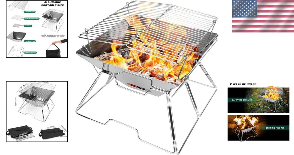 Stainless Steel Campfire Grill with Carrying Bag