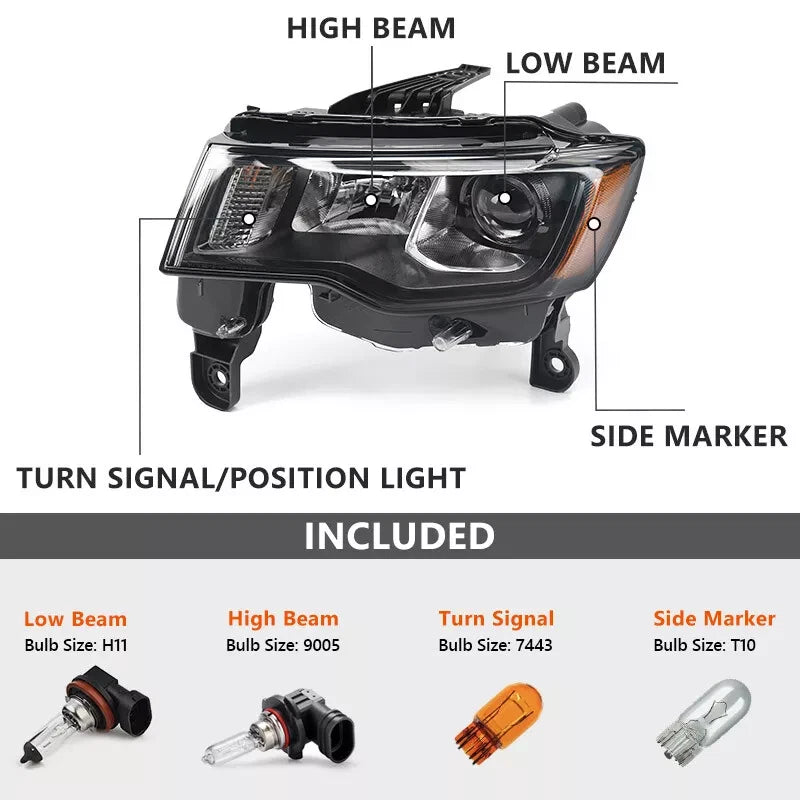 For 2017-2021 Jeep Grand Cherokee Halogen Projector Headlight Black Left+Right