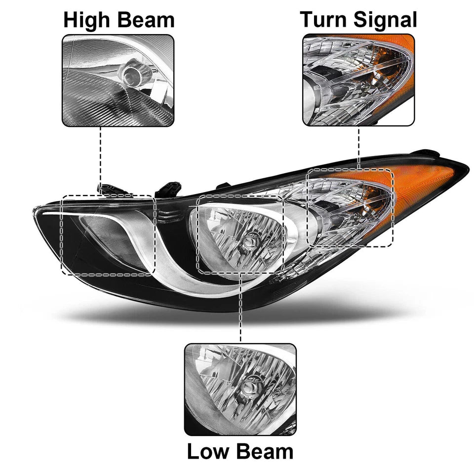 For 2011-2013 Hyundai Elantra Chrome Halogen Headlights Assembly Pair w/Bulbs