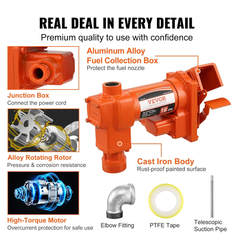 Fuel Transfer Pump Gasoline Pump 16GPM 12V with Hose & Nozzle for Diesel