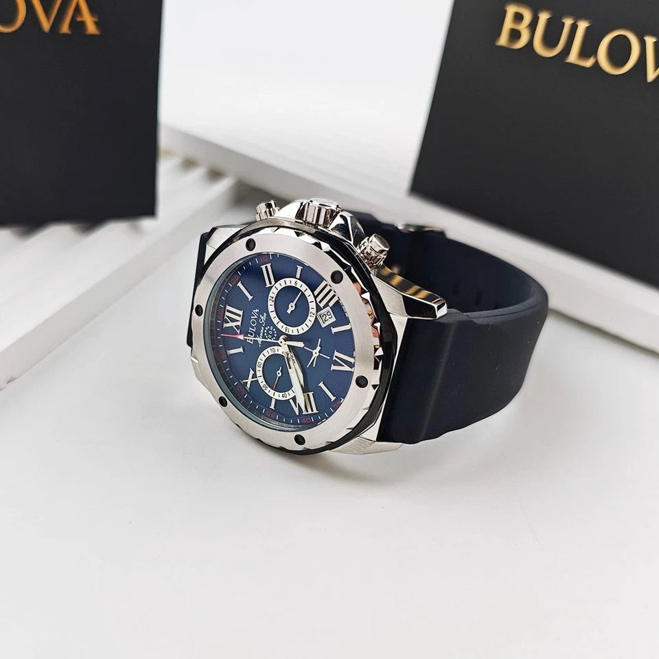 Bulova Marine Star 98B258 Blue Dial Black Rubber Strap Quartz Men's 44mm Watch