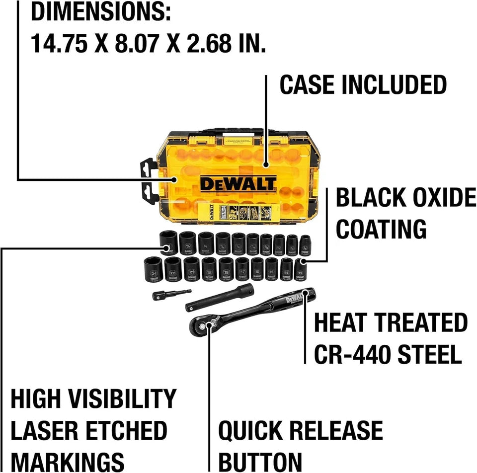 Impact Socket Set with Ratchet,Metric/SAE,1/2" Drive,23-Piece Set with Case