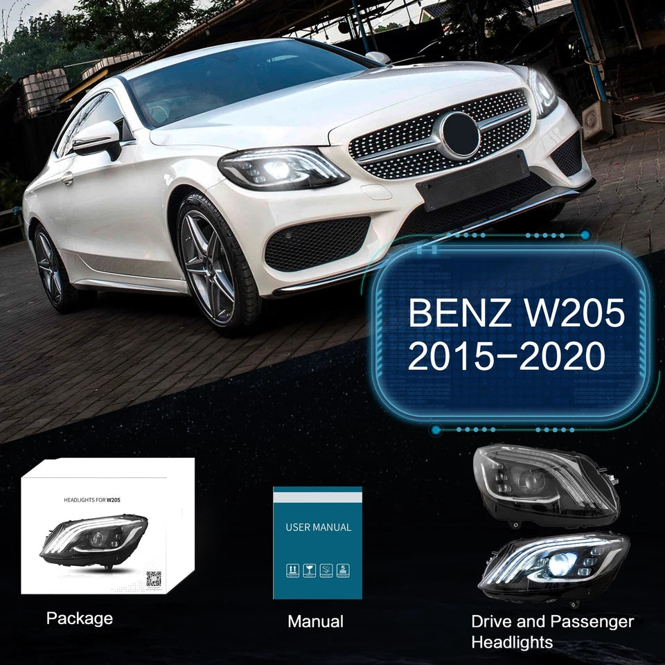 LED Headlights For 2015-2020 Mercedes Benz C-Class W205 Blue DRL Set