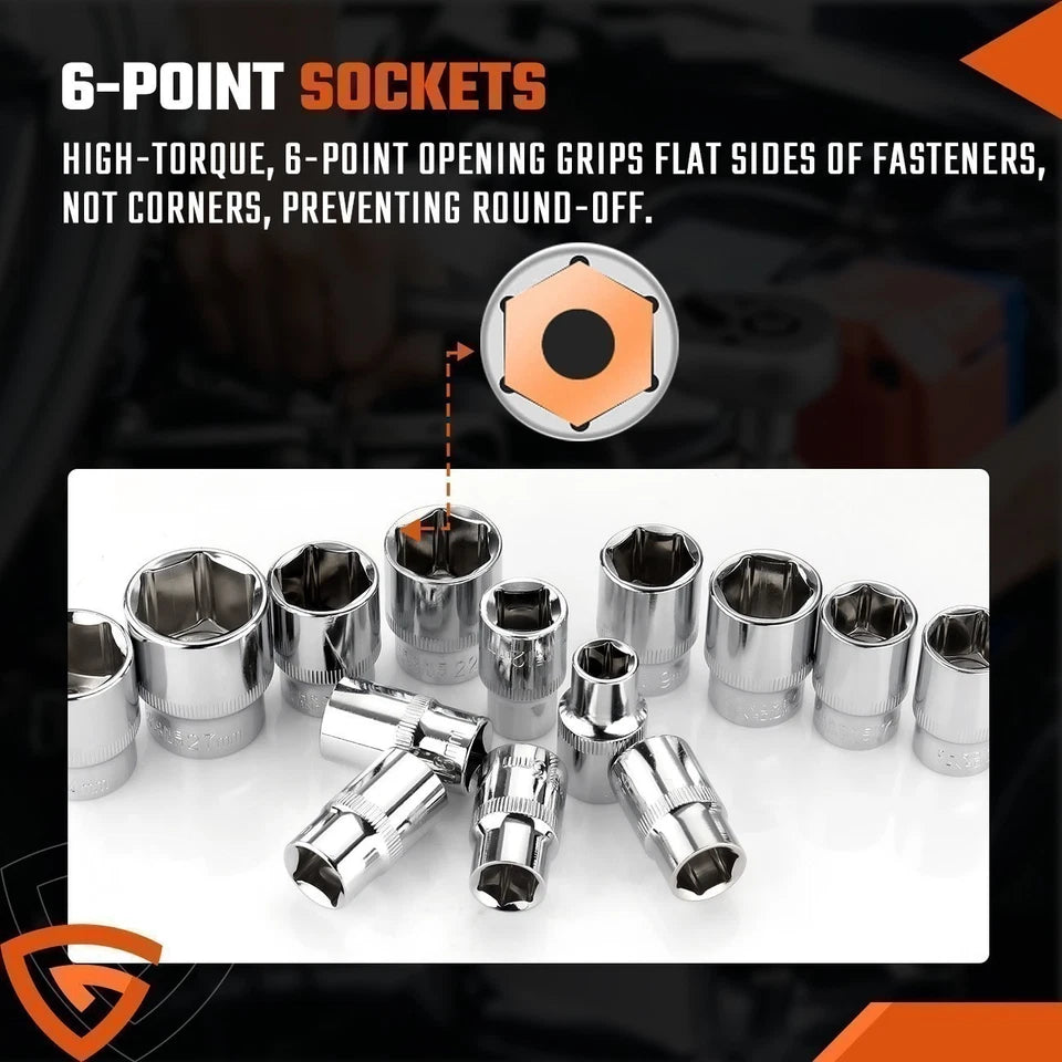 108Pcs Mechanics Tools - Kit 6-Point Socket Ratchet Wrench Set Repair Tool Case