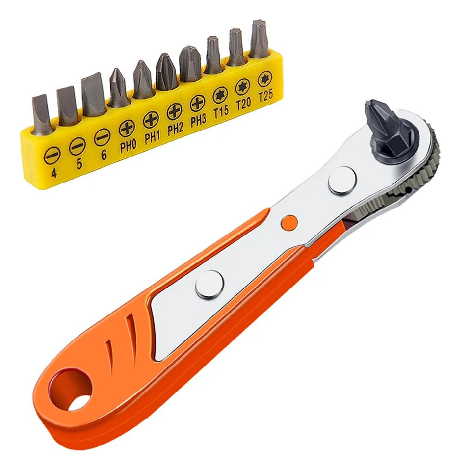 Ratcheting Right Angle Screwdriver Hex Drive 90 Degree Offset + 10pc Bits Set!