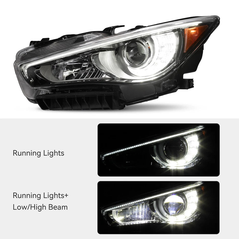 For 2014-2022 Infiniti Q50 LED Headlight w/o AFS Chrome w/LED DRL Driver Side