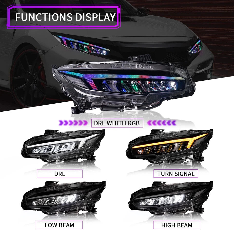 Sequential RGB LED Headlights For 2016-21 Honda Civic Sedan/Coupe/Hatchback,pair