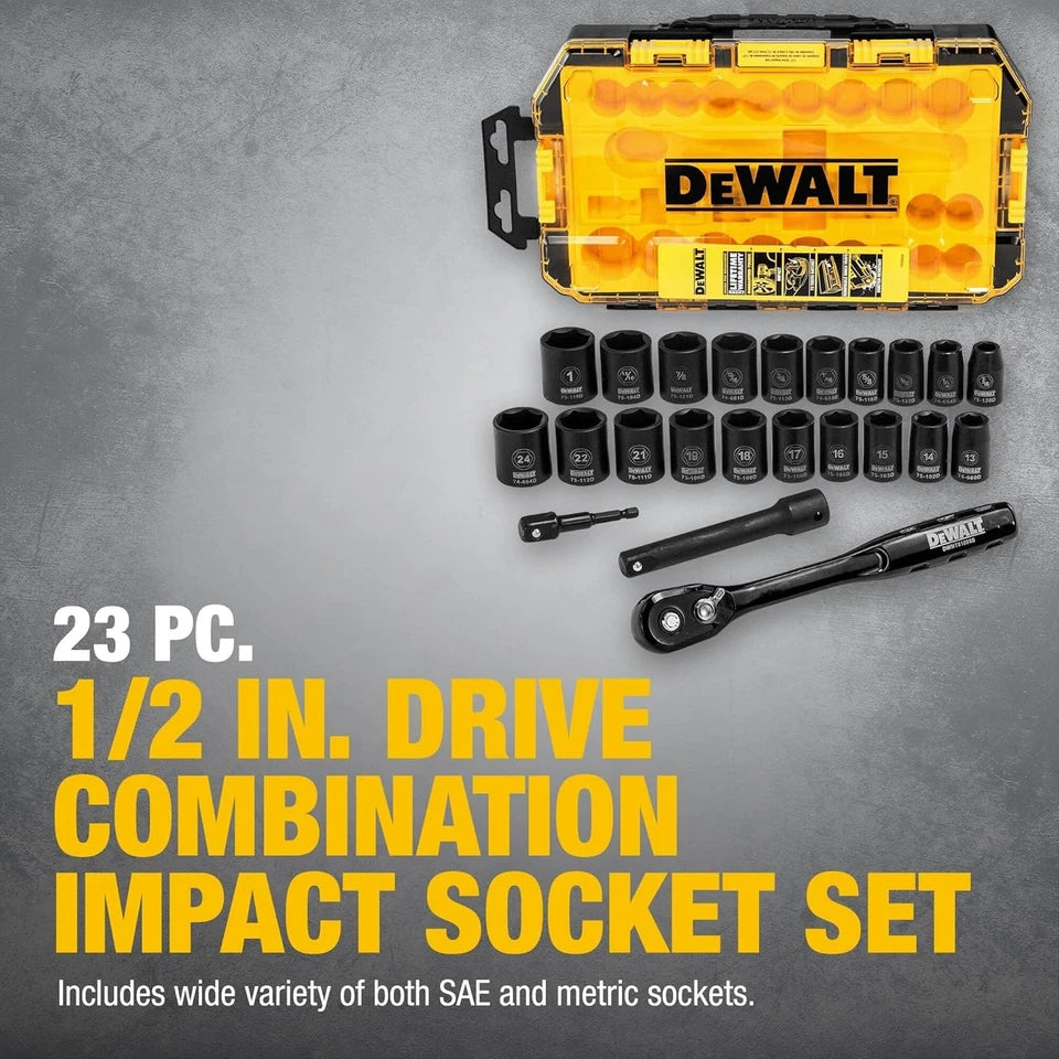 Impact Socket Set with Ratchet,Metric/SAE,1/2" Drive,23-Piece Set with Case