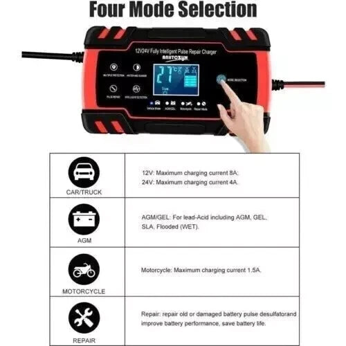 Car Battery Charger Heavy Duty 12V/24V Smart Automatic Intelligent Pulse Repair