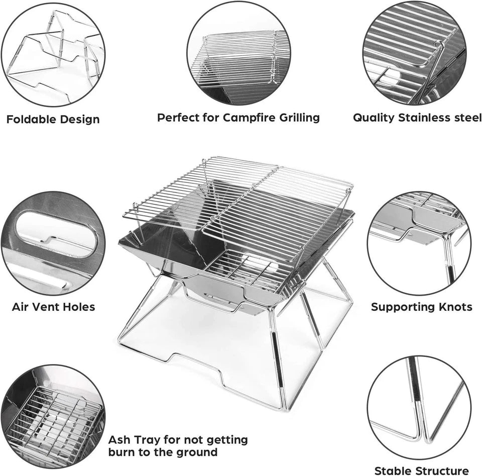 Stainless Steel Campfire Grill with Carrying Bag