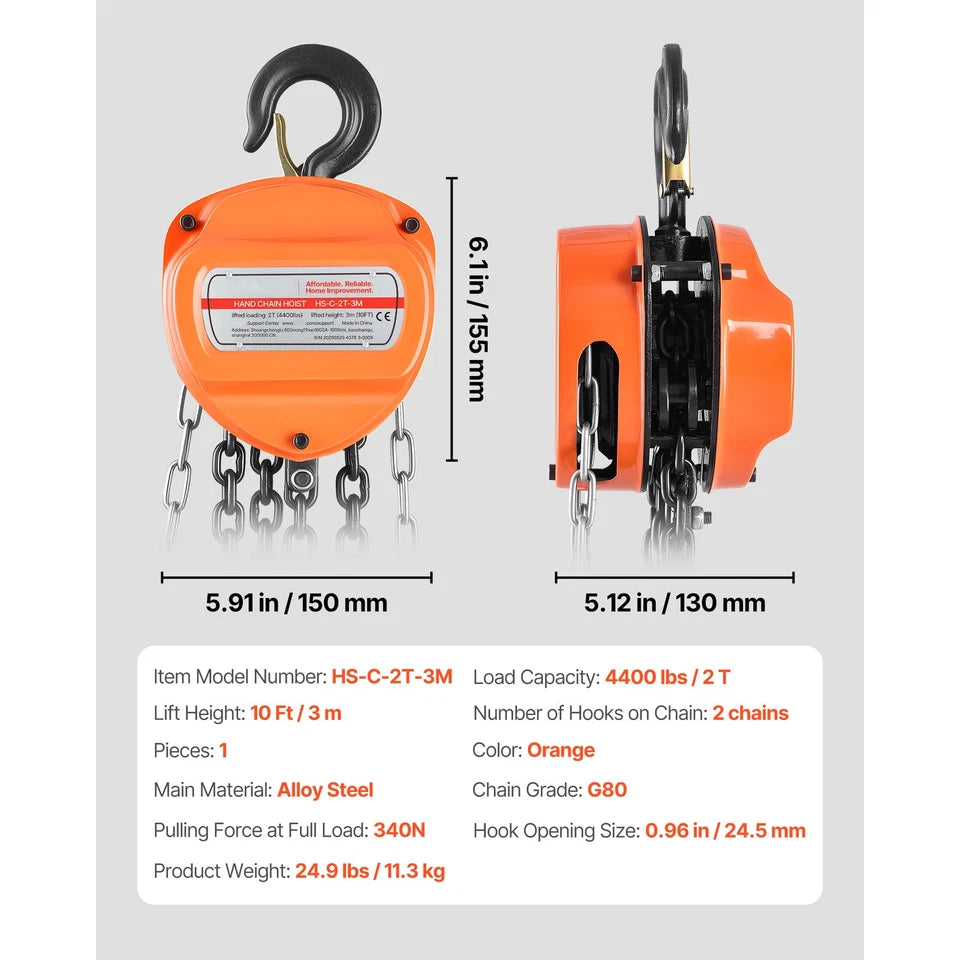 Uimoso Manual Chain Hoist 2T/4400 lbs 10 ft Lift with Durable G80 Chain