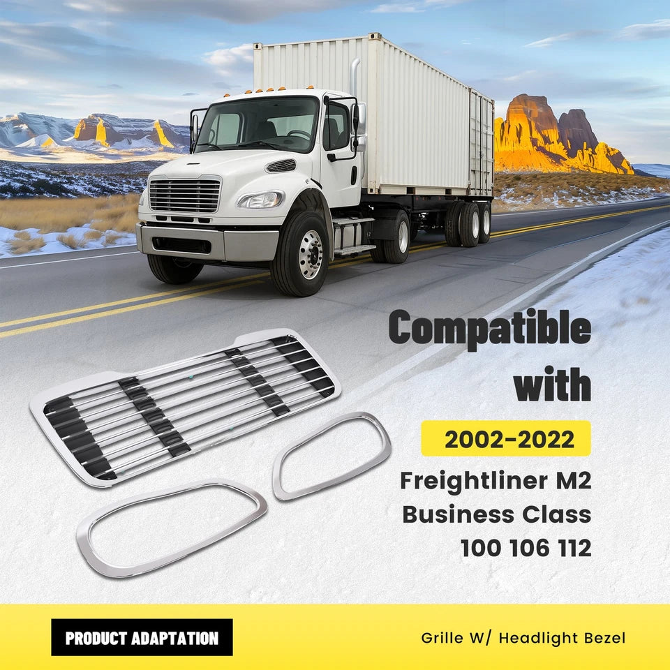 For Freightliner M2 106 112 2002-2022 Chrome Front Grille w/ Headlight Bezel Set