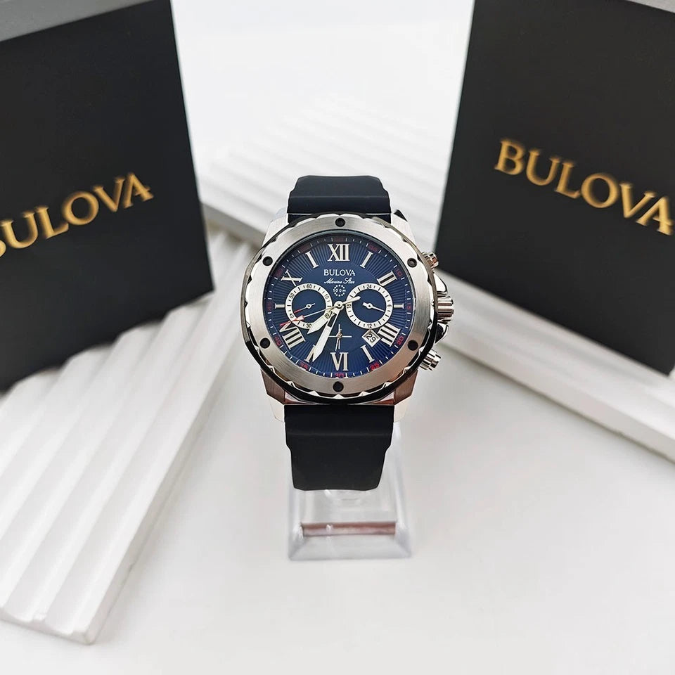 Bulova Marine Star 98B258 Blue Dial Black Rubber Strap Quartz Men's 44mm Watch