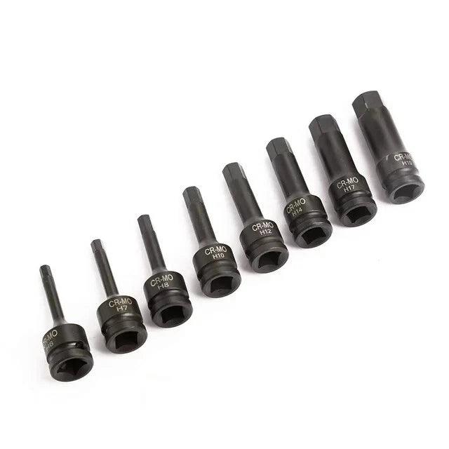 8 Pc 1/2 In Drive SAE Impact Socket Set Hex Bits 3 in Long Bit Air Allen Driver