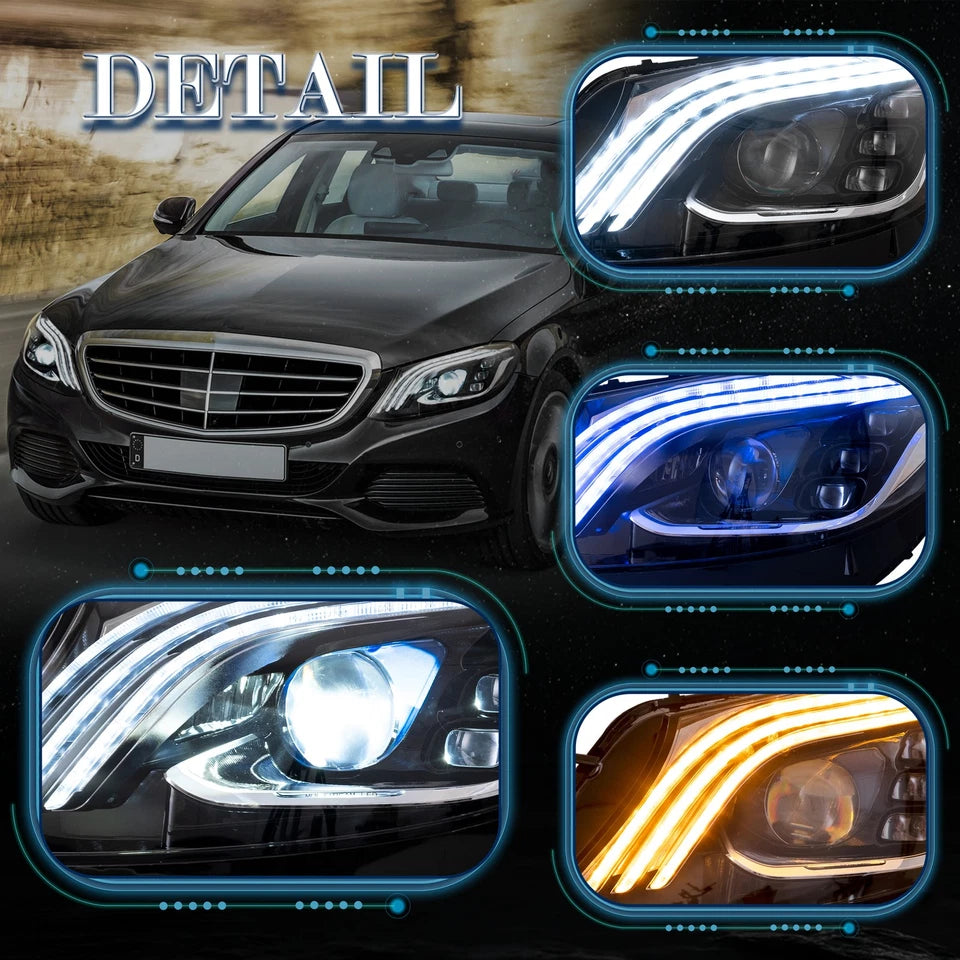 LED Headlights For 2015-2020 Mercedes Benz C-Class W205 Blue DRL Set