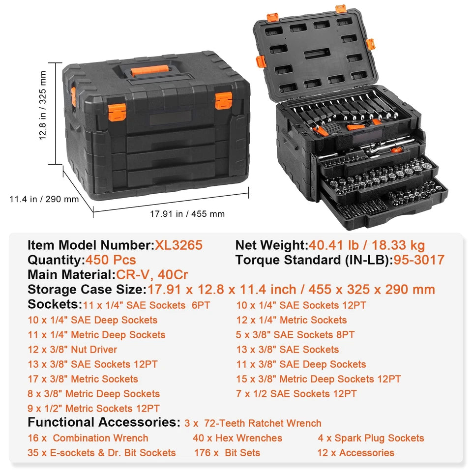 Mechanics Tool Set and Socket Set 1/4in 3/8in 1/2 in Drive Sockets 450Pcs