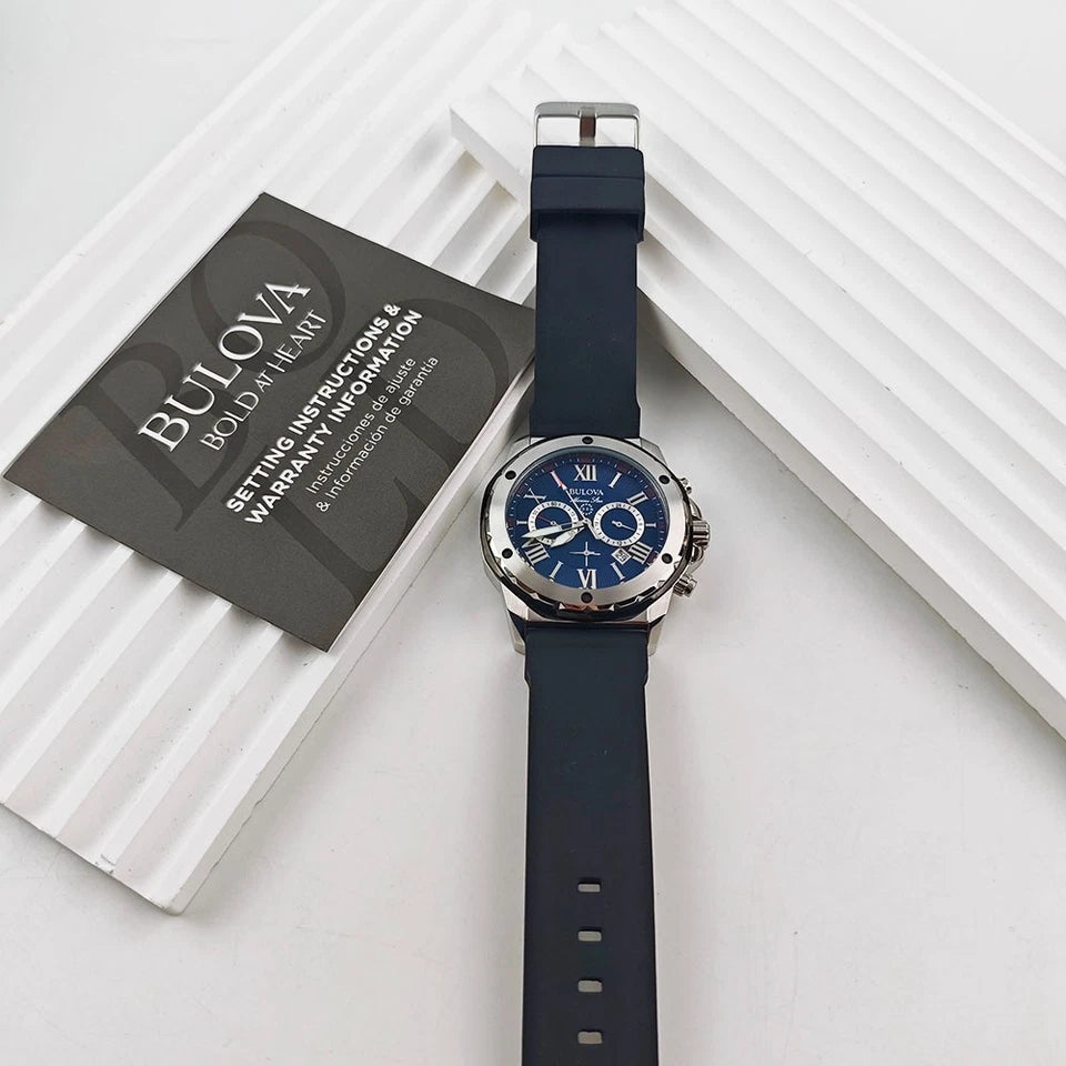 Bulova Marine Star 98B258 Blue Dial Black Rubber Strap Quartz Men's 44mm Watch