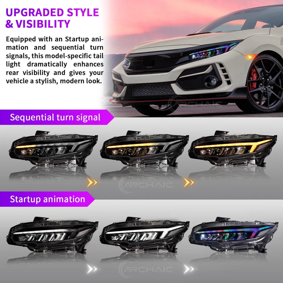Sequential RGB LED Headlights For 2016-21 Honda Civic Sedan/Coupe/Hatchback,pair