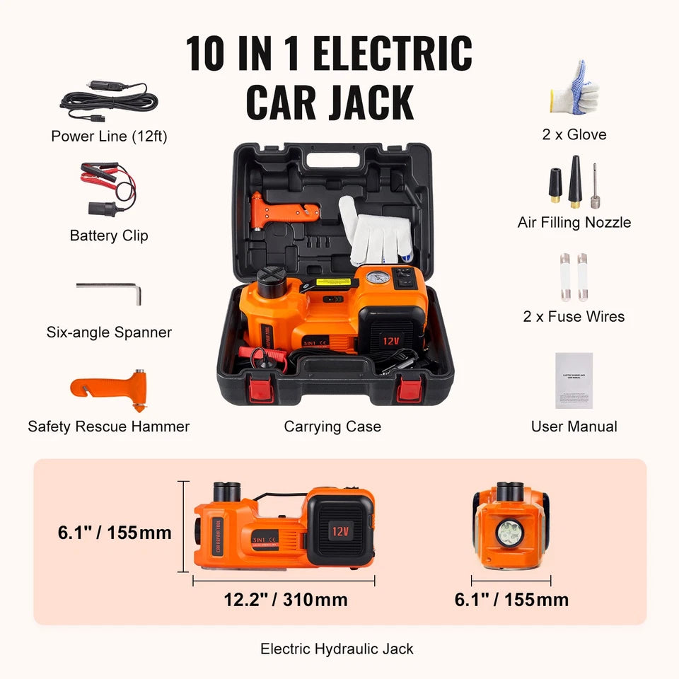 Electric Car Jack w/Tire Inflator Pump 5 Ton 12V Hydraulic Car Floor Jack Kit