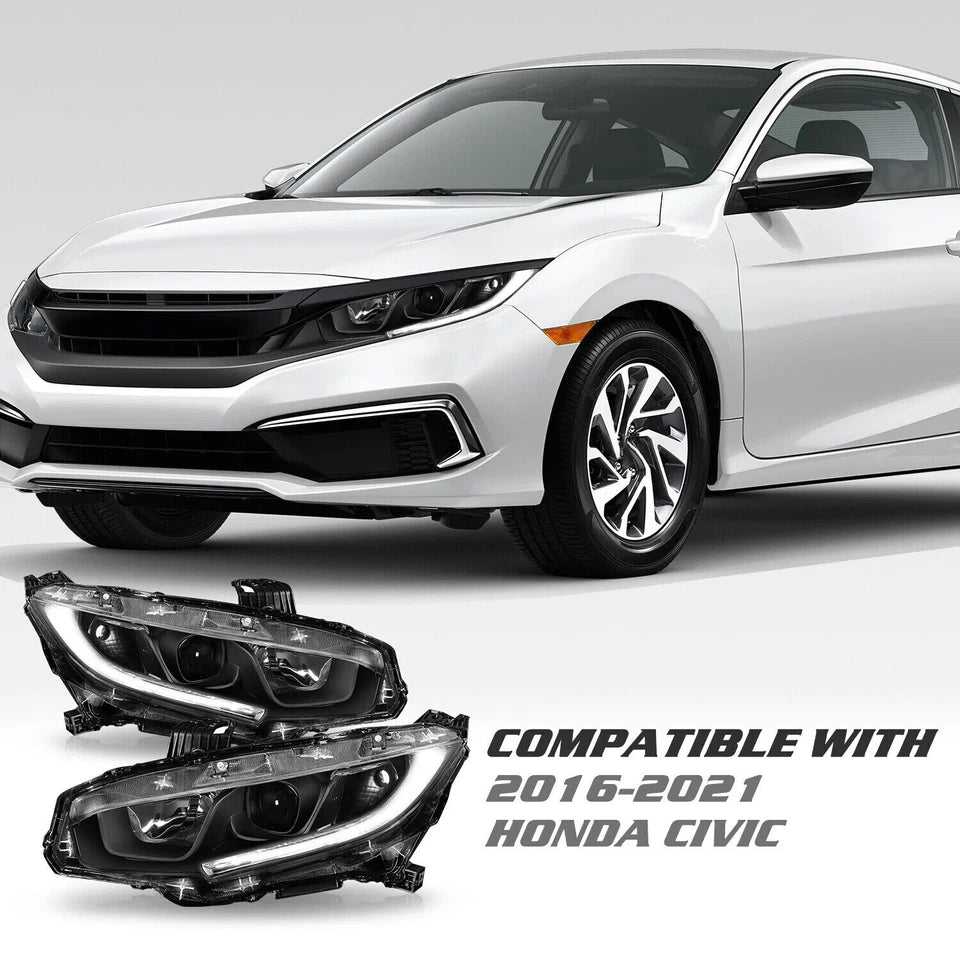 For 2016-2021 Honda Civic LED DRL Black Projector Headlights Assembly Lamps Pair