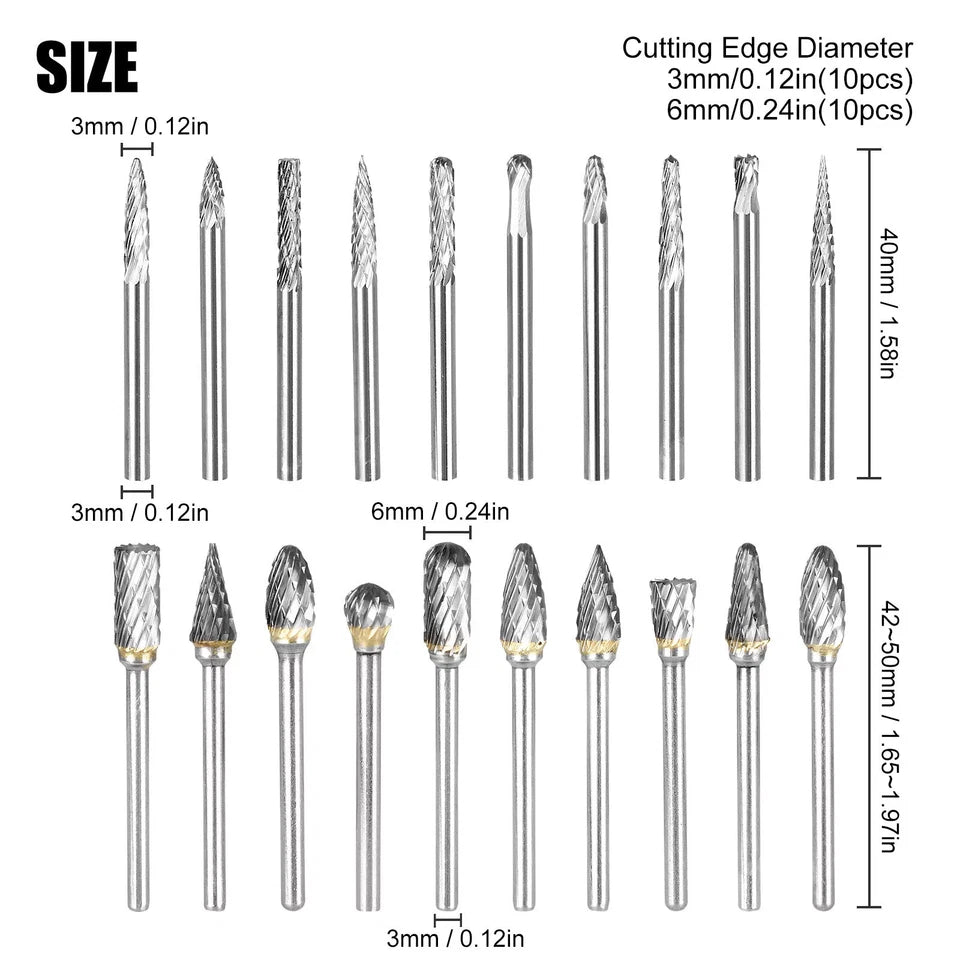 20Pcs Tungsten Carbide Steel Rotary Burr Die Grinder Bit 1/8in Shank Carving Set