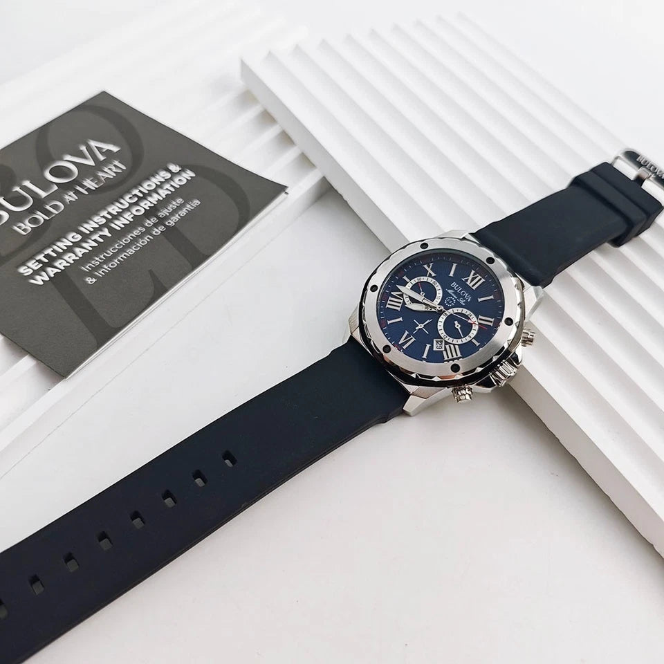 Bulova Marine Star 98B258 Blue Dial Black Rubber Strap Quartz Men's 44mm Watch