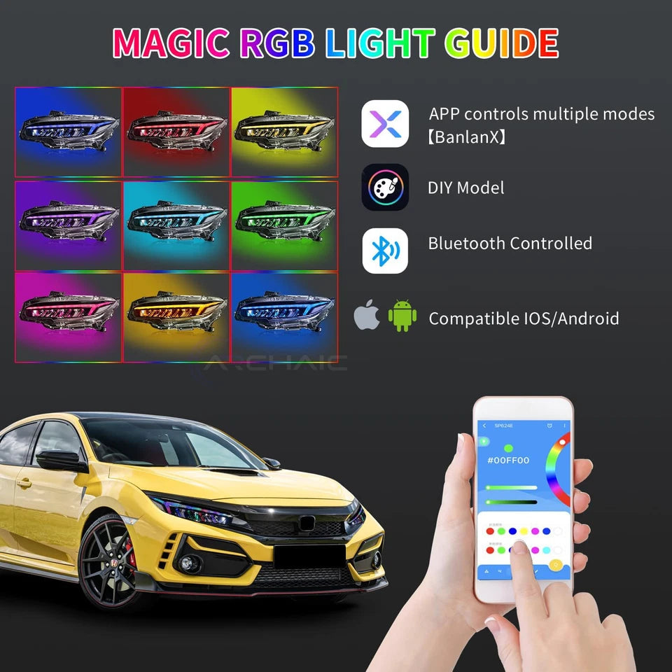 Sequential RGB LED Headlights For 2016-21 Honda Civic Sedan/Coupe/Hatchback,pair