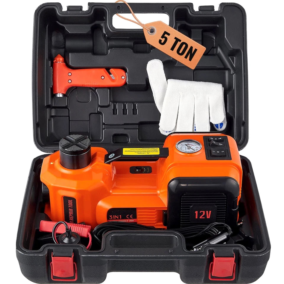 Electric Car Jack w/Tire Inflator Pump 5 Ton 12V Hydraulic Car Floor Jack Kit