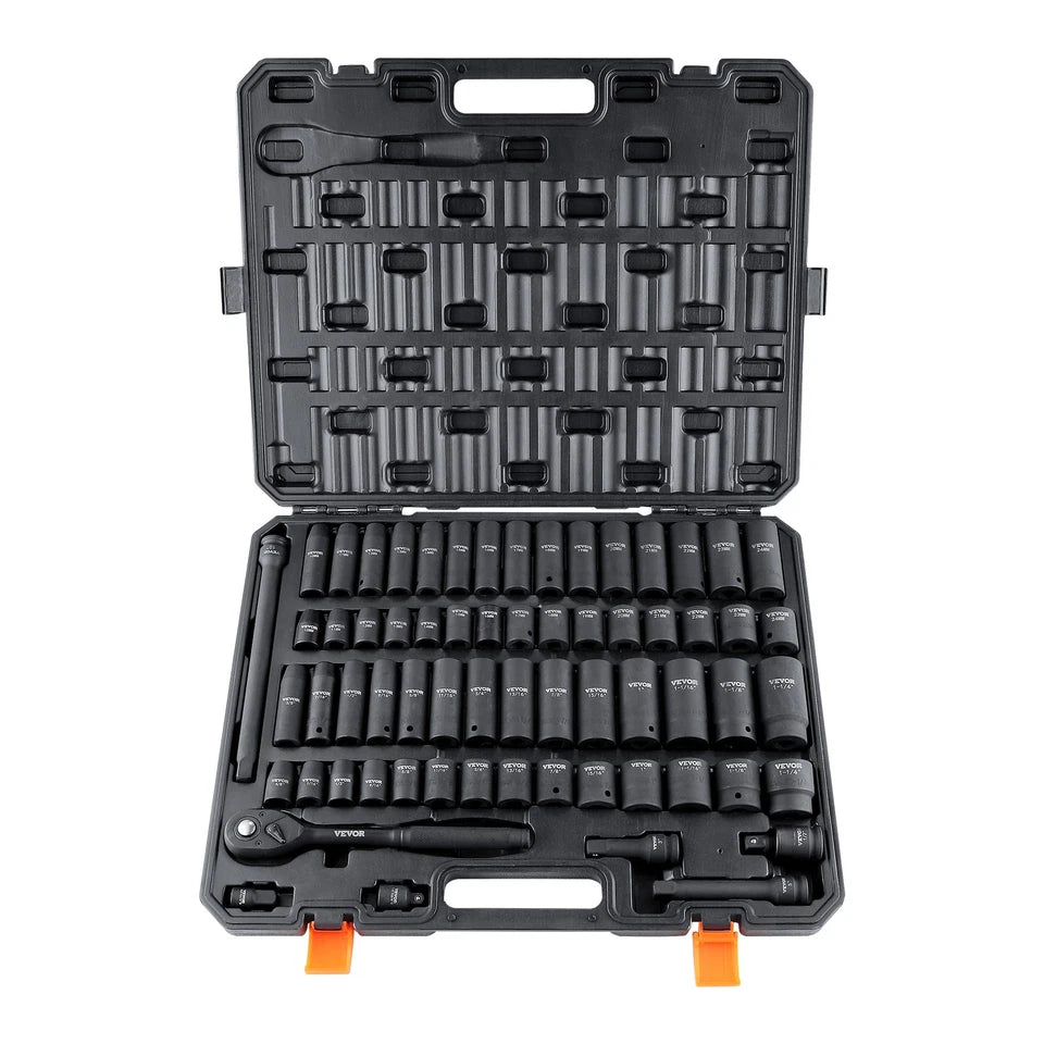 Impact Sockets Set 65pcs 6-Point 1/2in Drive Bit Ratchet Tool Kit Case