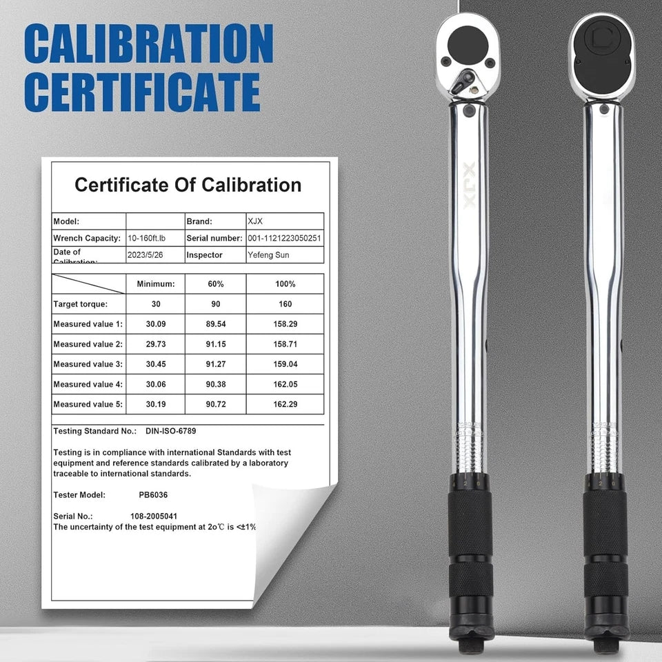 Durable 1/2-Inch Torque Wrench Set with Calibration Certificate and Accessories