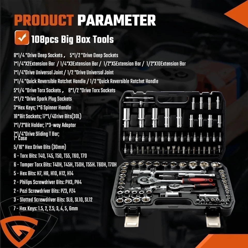 108Pcs Mechanics Tools - Kit 6-Point Socket Ratchet Wrench Set Repair Tool Case