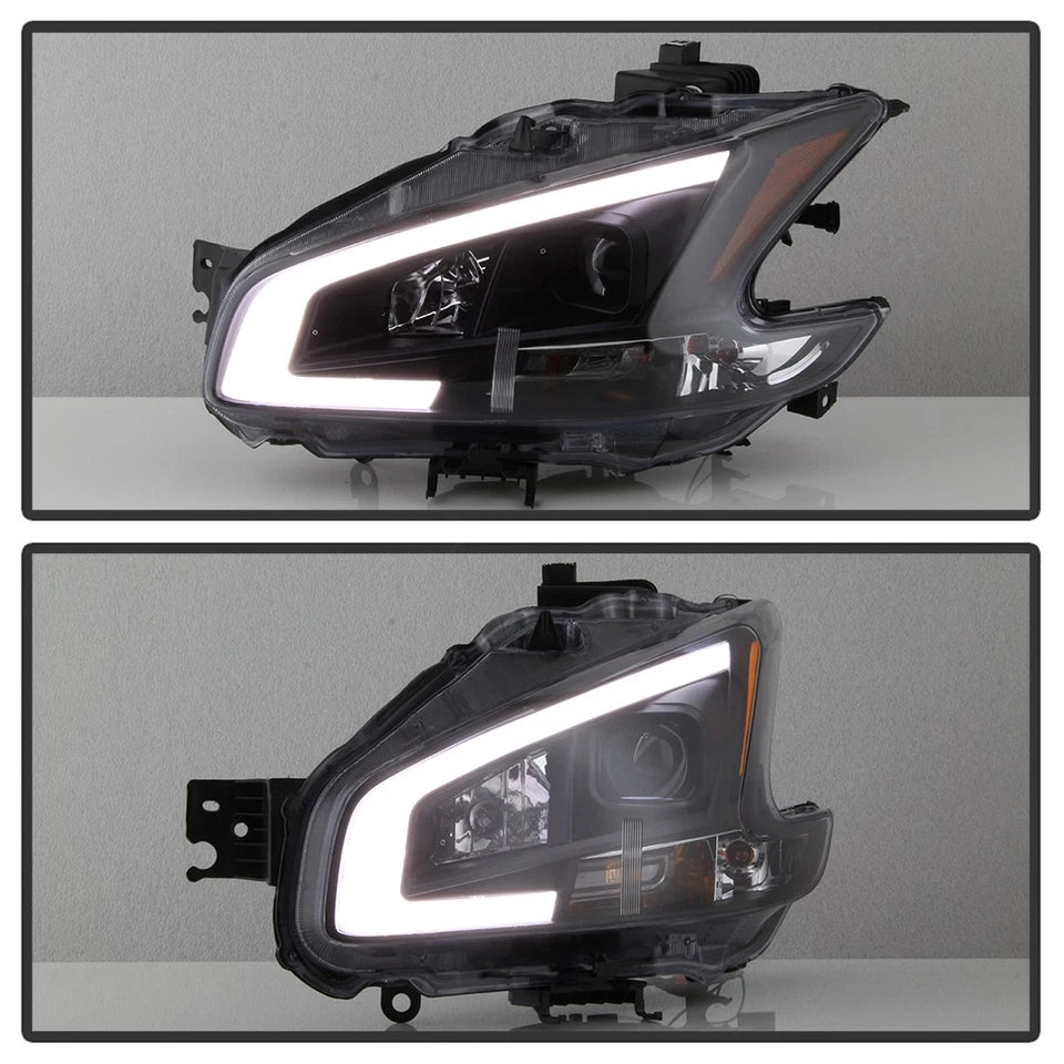 Black For 2009-2014 Maxima Square Projector Headlights w/DRL LED Light Tube sets