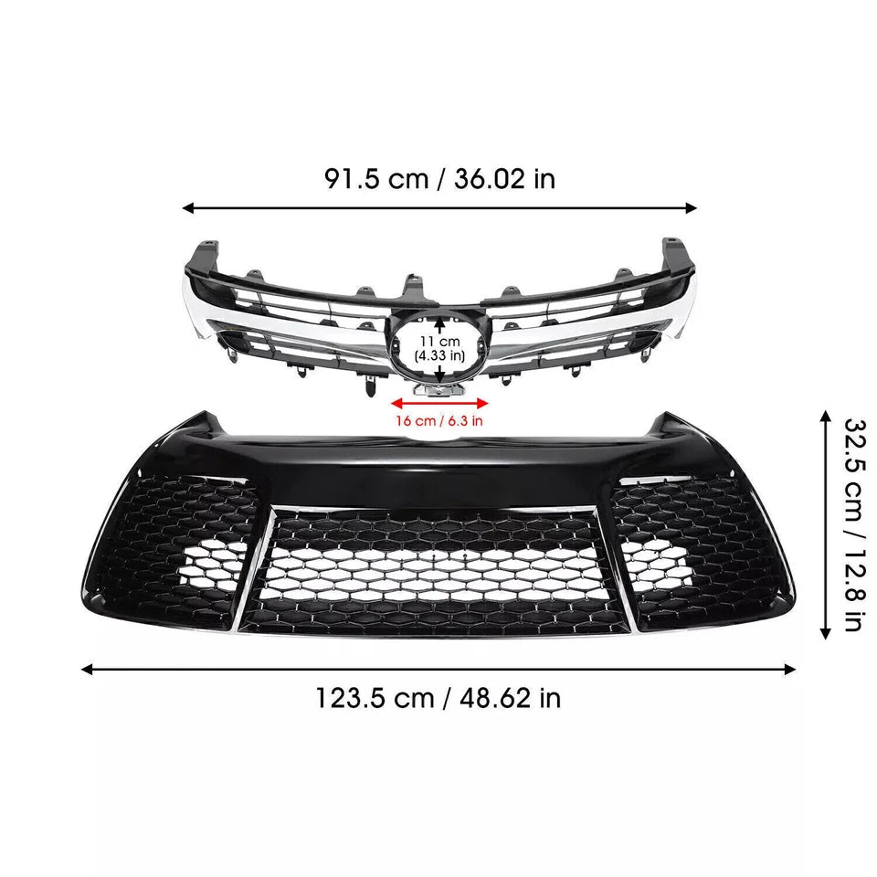 Front Bumper Cover+Upper Lower Grille For 2015 2016 2017 Toyota Camry