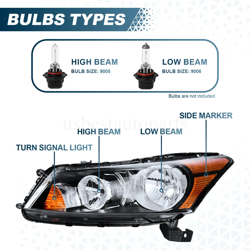 Headlight Headlamp Assembly Pair Driver Passenger For Honda Accord 2008-2012