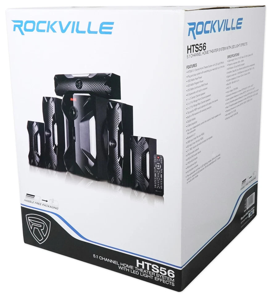 Rockville HTS56 1000w 5.1 Channel Home Theater System/Bluetooth/USB+8" Subwoofer
