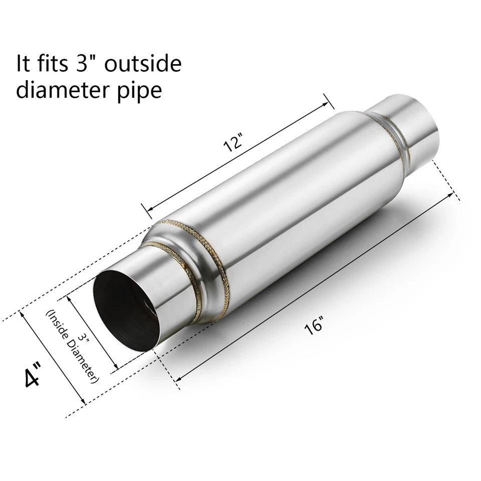 3" Exhaust Resonator, 16" Long Universal Muffler, Deep Tone, Reduce Engine Noise