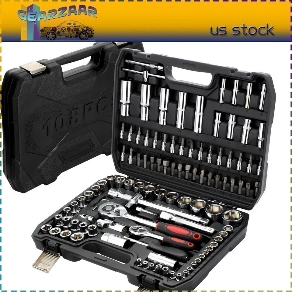 108Pcs Mechanics Tools - Kit 6-Point Socket Ratchet Wrench Set Repair Tool Case