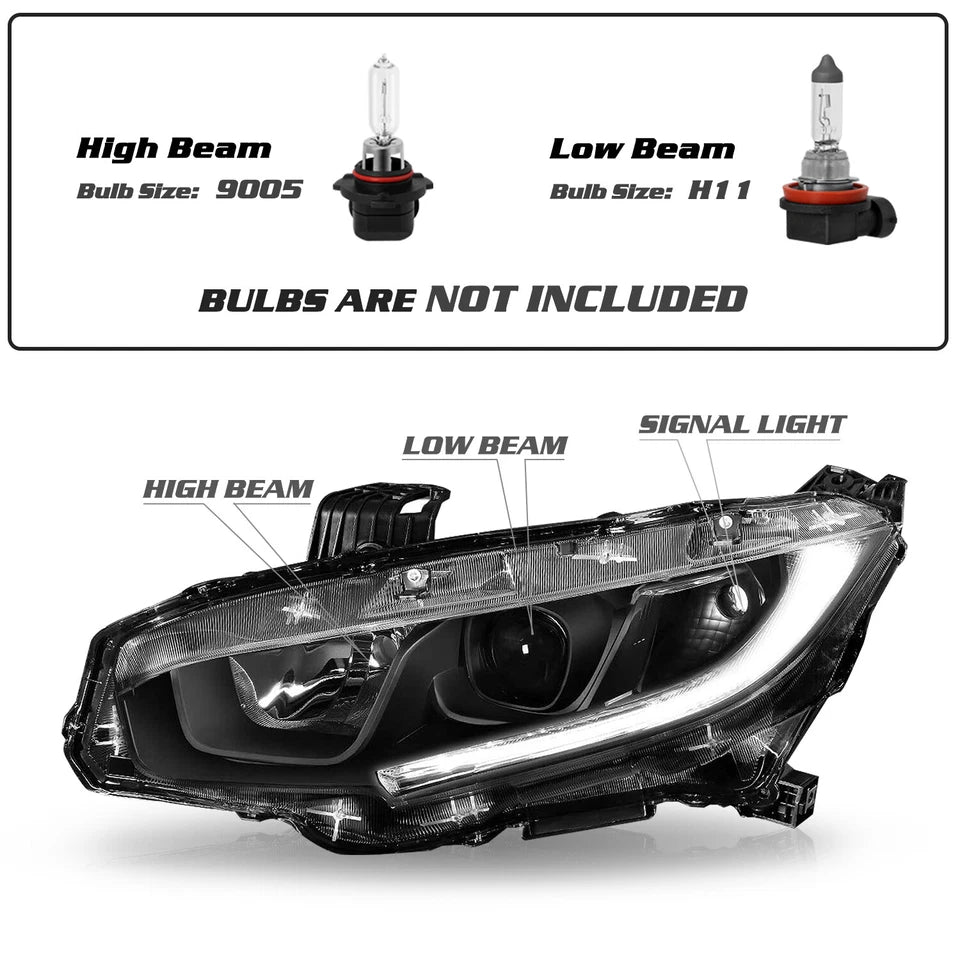 For 2016-2021 Honda Civic LED DRL Black Projector Headlights Assembly Lamps Pair
